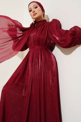 Bilekten Fırfırlı Şal Hediyeli Elbise Bordo