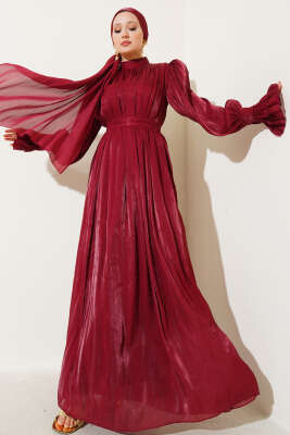 Bilekten Fırfırlı Şal Hediyeli Elbise Bordo - Tesettür Elbise