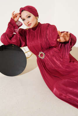 Bilekten Fırfırlı Şal Hediyeli Elbise Burgonya 