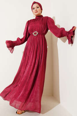 Bilekten Fırfırlı Şal Hediyeli Elbise Burgonya - Tesettür Elbise