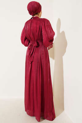 Bilekten Fırfırlı Şal Hediyeli Elbise Burgonya - Tesettür Elbise