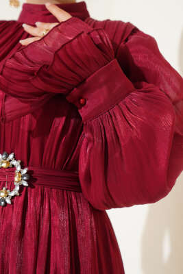 Bilekten Fırfırlı Şal Hediyeli Elbise Burgonya - Tesettür Elbise