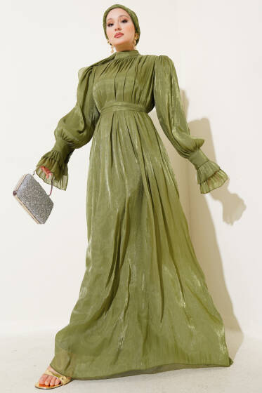 Bilekten Fırfırlı Şal Hediyeli Elbise Çağla Yeşili - Elbise