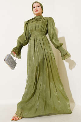 Bilekten Fırfırlı Şal Hediyeli Elbise Çağla Yeşili