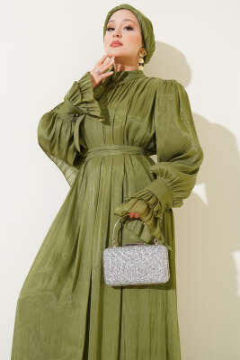 Bilekten Fırfırlı Şal Hediyeli Elbise Çağla Yeşili - Tesettür Elbise