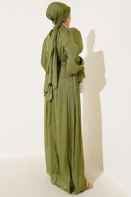 Bilekten Fırfırlı Şal Hediyeli Elbise Çağla Yeşili - Tesettür Elbise