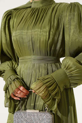 Bilekten Fırfırlı Şal Hediyeli Elbise Çağla Yeşili - Tesettür Elbise