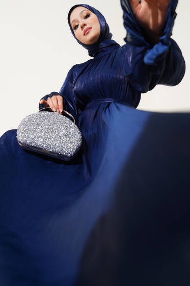 Bilekten Fırfırlı Şal Hediyeli Elbise Lacivert - Elbise