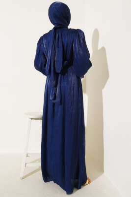 Bilekten Fırfırlı Şal Hediyeli Elbise Lacivert - Tesettür Elbise