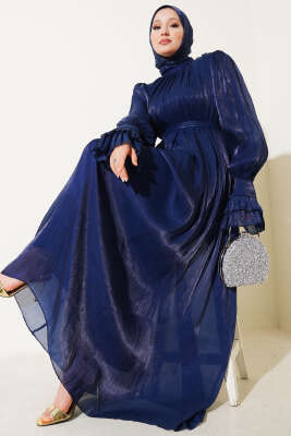Bilekten Fırfırlı Şal Hediyeli Elbise Lacivert - Tesettür Elbise