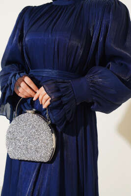 Bilekten Fırfırlı Şal Hediyeli Elbise Lacivert - Tesettür Elbise