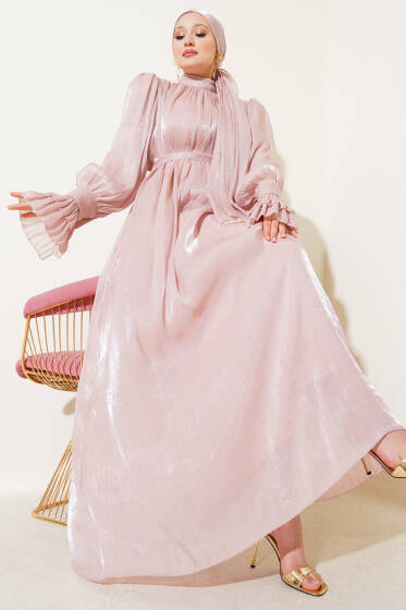 Bilekten Fırfırlı Şal Hediyeli Elbise Pudra - Elbise