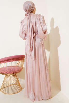 Bilekten Fırfırlı Şal Hediyeli Elbise Pudra - Tesettür Elbise