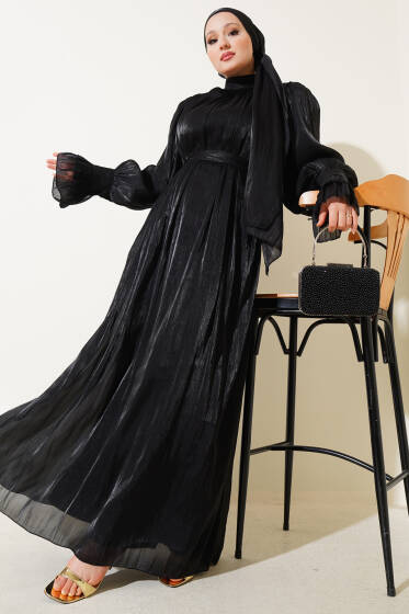 Bilekten Fırfırlı Şal Hediyeli Elbise Siyah - Elbise
