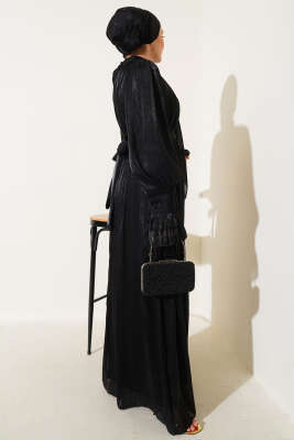 Bilekten Fırfırlı Şal Hediyeli Elbise Siyah - Tesettür Elbise