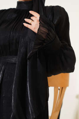 Bilekten Fırfırlı Şal Hediyeli Elbise Siyah - Tesettür Elbise