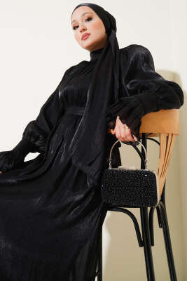 Bilekten Fırfırlı Şal Hediyeli Elbise Siyah - Tesettür Elbise