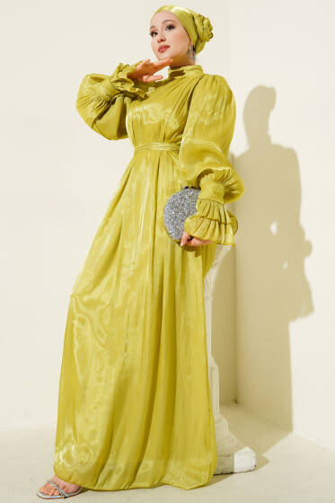 Bilekten Fırfırlı Şal Hediyeli Elbise Yağ Yeşili - Elbise