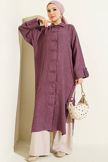 Birit Düğmeli Uzun Tunik Magenta - Tunik