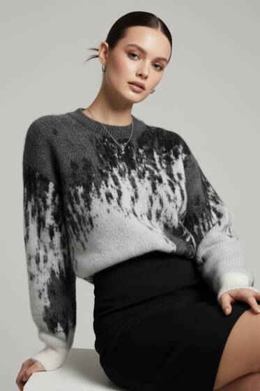 Bisiklet Yaka Alacalı Triko Kazak Gri - Kadın Giyim Modelleri