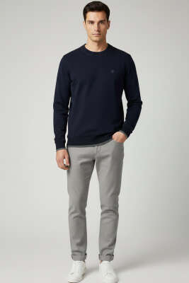 Bisiklet Yaka Armalı Erkek Sweatshirt Lacivert - Erkek Sweatshirt