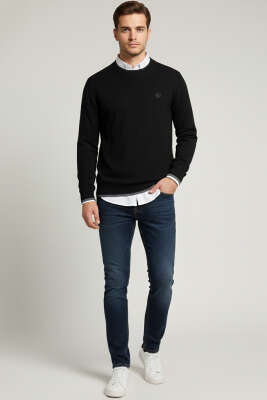 Bisiklet Yaka Armalı Erkek Sweatshirt Siyah - Erkek Sweatshirt