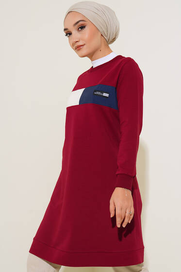 Bisiklet Yaka Armalı Uzun Tunik Bordo - Tunik