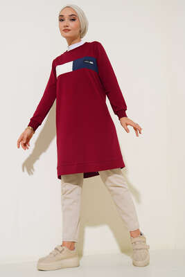 Bisiklet Yaka Armalı Uzun Tunik Bordo - Tunik