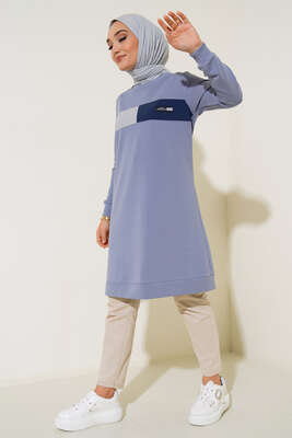 Bisiklet Yaka Armalı Uzun Tunik Mavi 