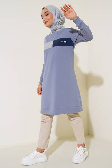 Bisiklet Yaka Armalı Uzun Tunik Mavi - Tunik