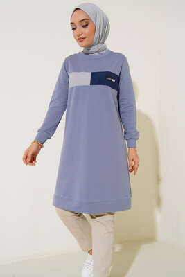 Bisiklet Yaka Armalı Uzun Tunik Mavi - Tunik