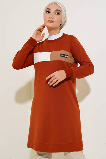 Bisiklet Yaka Armalı Uzun Tunik Taba - Tunik