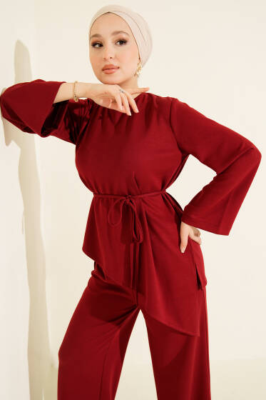 Bisiklet Yaka Asimetrik Kesim Loyşa İkili Takım Bordo - İkili Takım