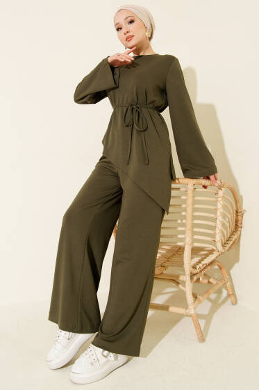 Bisiklet Yaka Asimetrik Kesim Loyşa İkili Takım Haki - İkili Takım