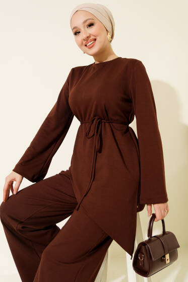 Bisiklet Yaka Asimetrik Kesim Loyşa İkili Takım Kahve - İkili Takım