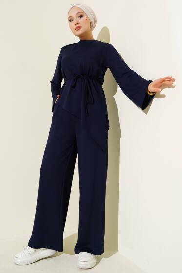 Bisiklet Yaka Asimetrik Kesim Loyşa İkili Takım Lacivert - İkili Takım