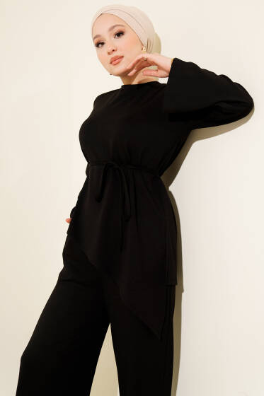 Bisiklet Yaka Asimetrik Kesim Loyşa İkili Takım Siyah - İkili Takım