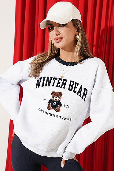 Bisiklet Yaka Ayıcık Baskılı Sweatshirt Melanj Gri - Kadın Giyim Modelleri