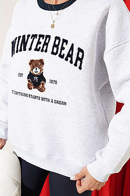 Bisiklet Yaka Ayıcık Baskılı Sweatshirt Melanj Gri - Kadın Giyim Modelleri