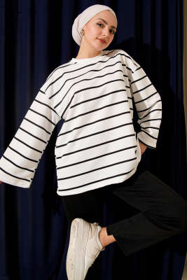 Bisiklet Yaka Basic Çizgili Tunik Ekru - VAV TEKSTİL