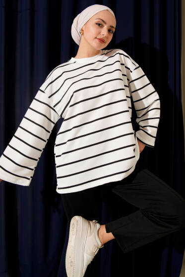 Bisiklet Yaka Basic Çizgili Tunik Ekru - Tunik