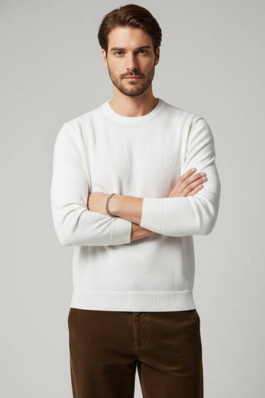 Bisiklet Yaka Basic Erkek Kazak Beyaz - Erkek Kazak