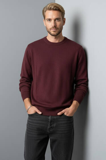 Bisiklet Yaka Basic Erkek Kazak Bordo - Erkek Kazak