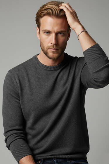 Bisiklet Yaka Basic Erkek Kazak Füme - Erkek Kazak