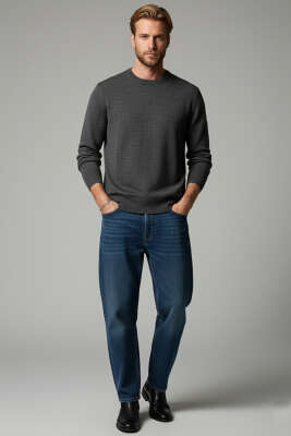 Bisiklet Yaka Basic Erkek Kazak Füme - Erkek Kazak