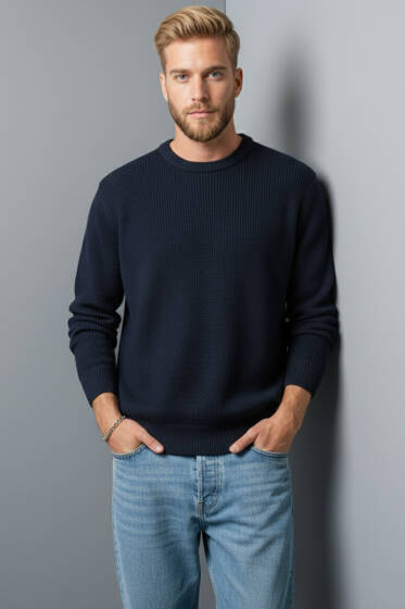 Bisiklet Yaka Basic Erkek Kazak Lacivert - Erkek Kazak