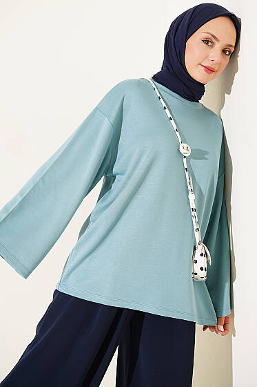 Bisiklet Yaka Basic Loyşa Tunik Petrol - Tunik