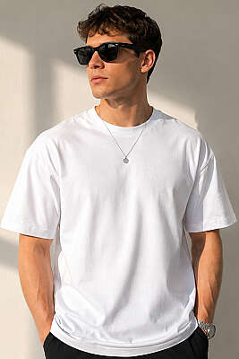 Bisiklet Yaka Basic Oversize Erkek T-shirt Beyaz - MACHINIST