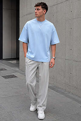 Bisiklet Yaka Basic Oversize Erkek T-shirt Buz Mavisi - Erkek T-shirt