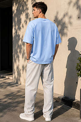 Bisiklet Yaka Basic Oversize Erkek T-shirt Buz Mavisi - Erkek T-shirt